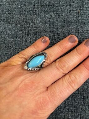 Turquoise Statement Ring Silver Tone Adjustable Boho Western Long Oval Ring
